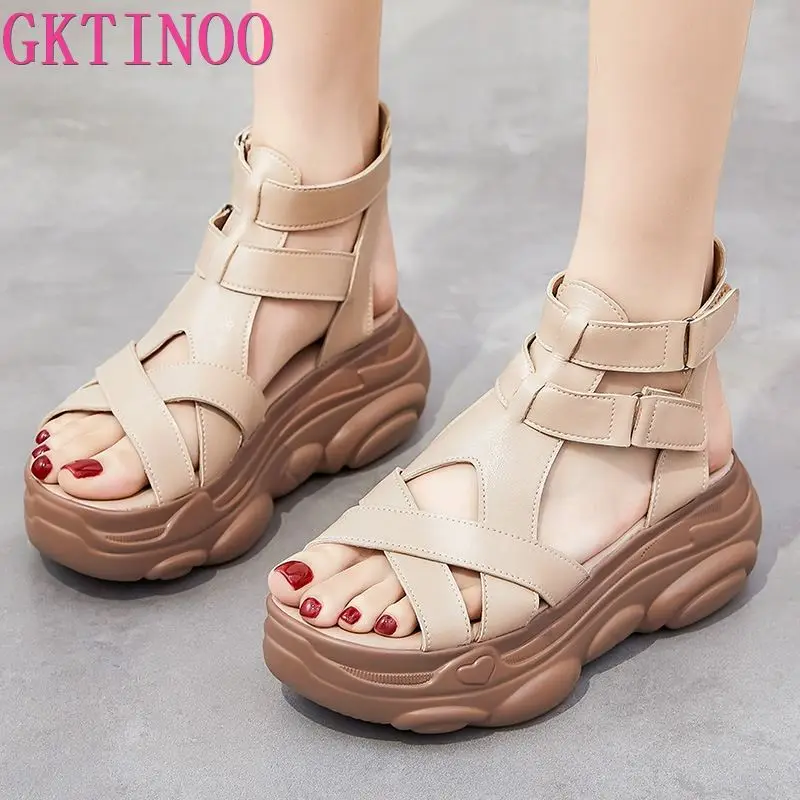 

GKTINOO 2024 Fish Mouth High Quality Soft Genuine Leather Summer Roman Shoes Women Sandals Platform Heighten Shoe Wedges Sandals