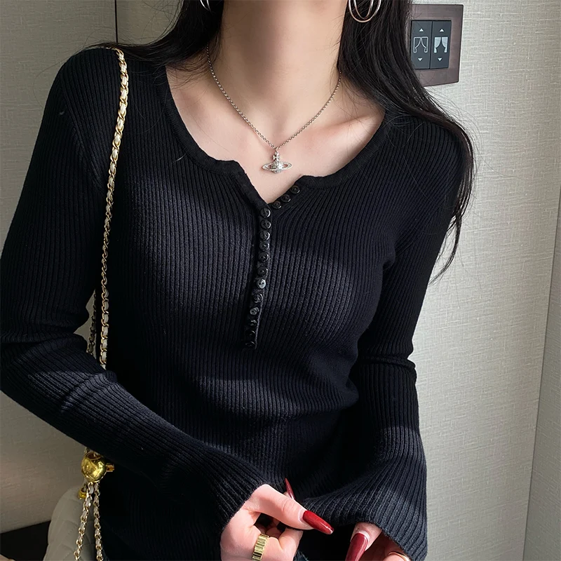 Jerséis con botones Y2k para mujer, jersey de manga larga tejido a la moda, suéteres básicos sólidos informales, Top de capa Base con cuello en V para Otoño e Invierno