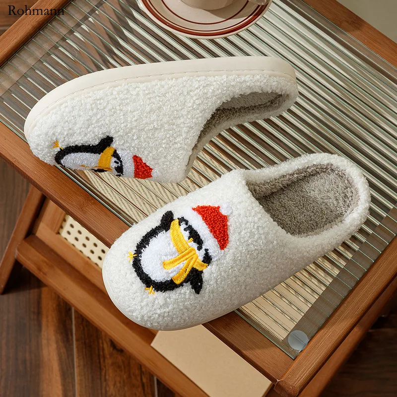 

Women's Slippers Winter Penguin Home Cotton Cute Flat Slip-On Merry Christmas Bedroom Shoes