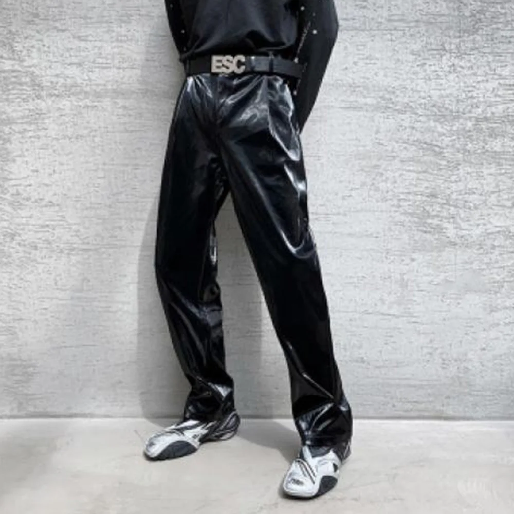 Mens Leather Pants Classy Trendy High Street Black Straight Motorcycle Pants Punk Style Chic Stage Trousers Men\'S Wear 2024