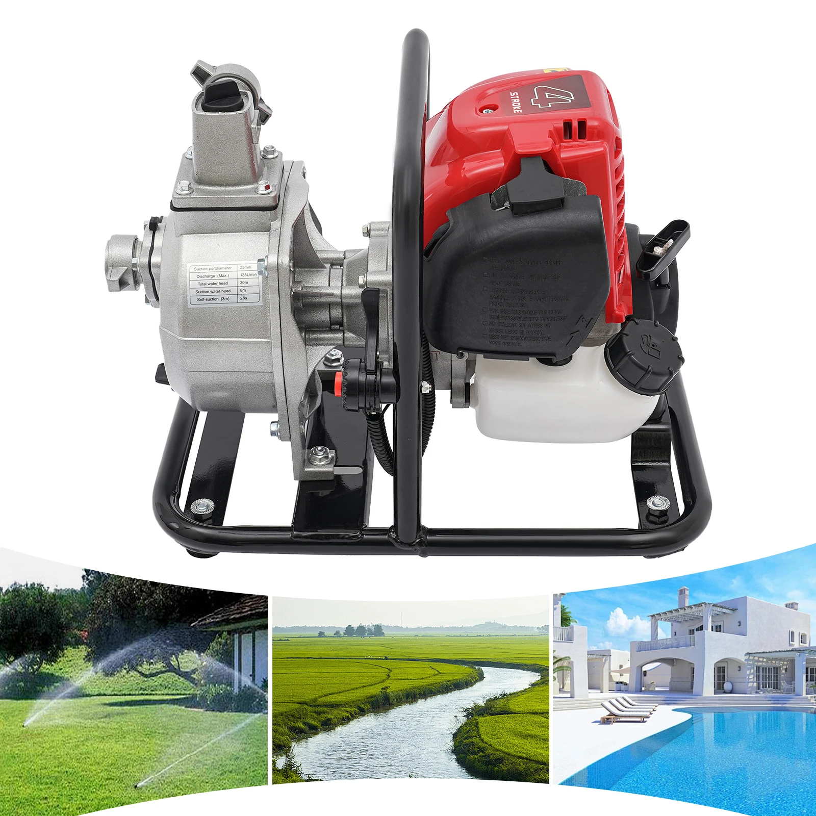 ปั๊มน้ำเครื่องยนต์เบนซิน 4 จังหวะ 35.7 แกลลอนต่อนาที สำหรับการชลประทานในฟาร์ม การดับเพลิง และการระบายน้ำ - อุปกรณ์พลังงานกลางแจ้งที่มีประสิทธิภาพ