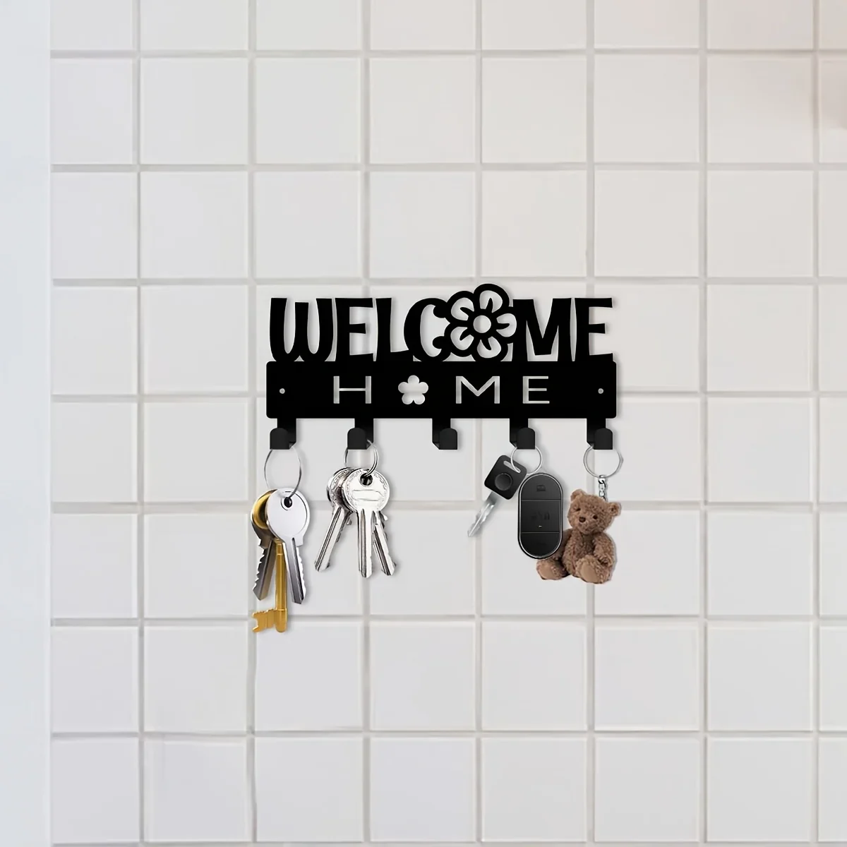 CIFBUY 1pc Integrated Metal Key Holder Wall Mount with Hooks, Laser Cut 2D Flat Silhouette, Powder-Coated