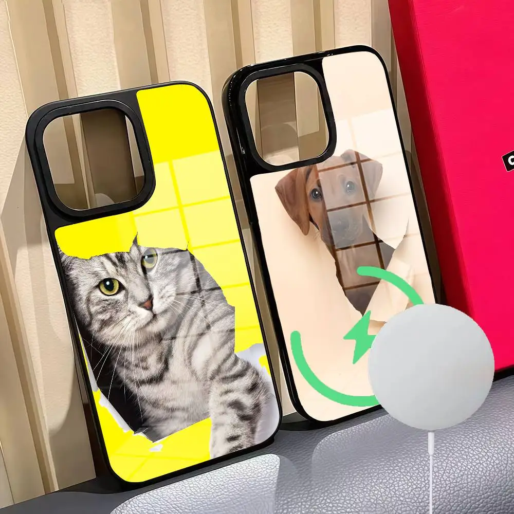 

Cute Cats And Dogs Phone Case For Iphone 16 15 14 12 11 13 Pro Max Mini Puls Magnetic Glass Cover