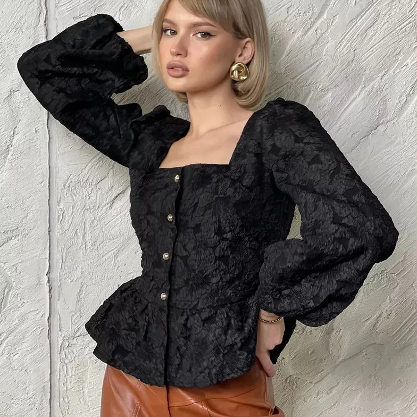 Ladies Elegant Jacquard Square Neck Puff Sleeve Blouse, Button Front Peplum Top for Party, Office and Daily Wear view 2