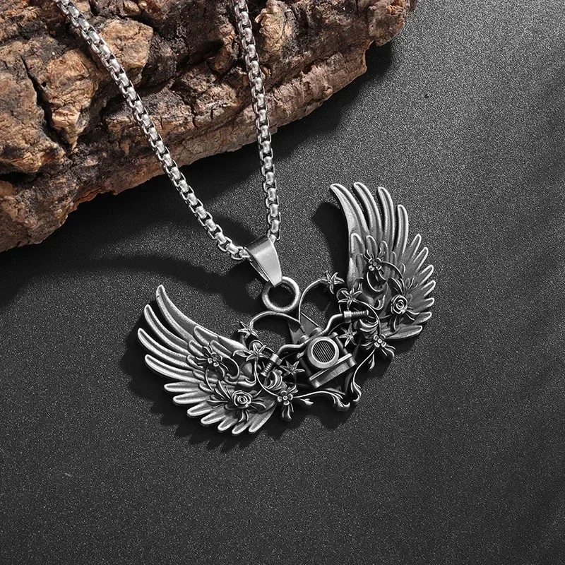 Hip Hop Steam Rose Mechanical Wings Amulet Pendant Necklace Men's Personalized Street Punk Jewelry