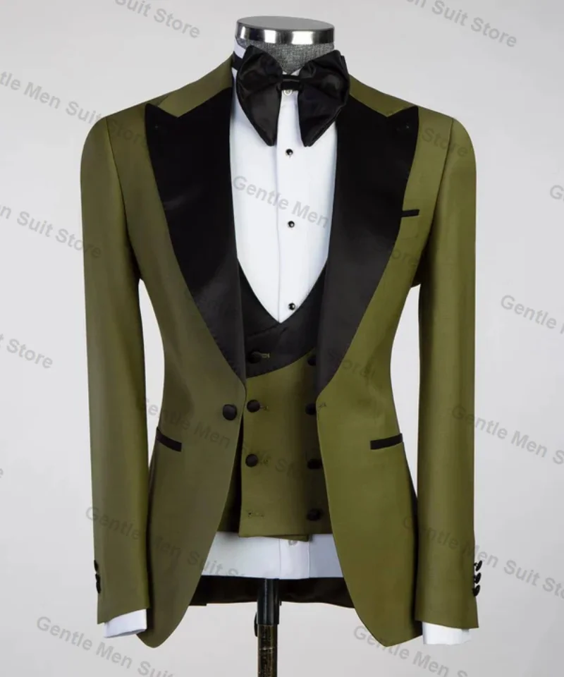 

Formal Green Men Suits Set 3 Piece Cotton Blazer+Vest+Pant Office Prom Groom Wedding Tuxedo Coat Tailored Made Business Jacket