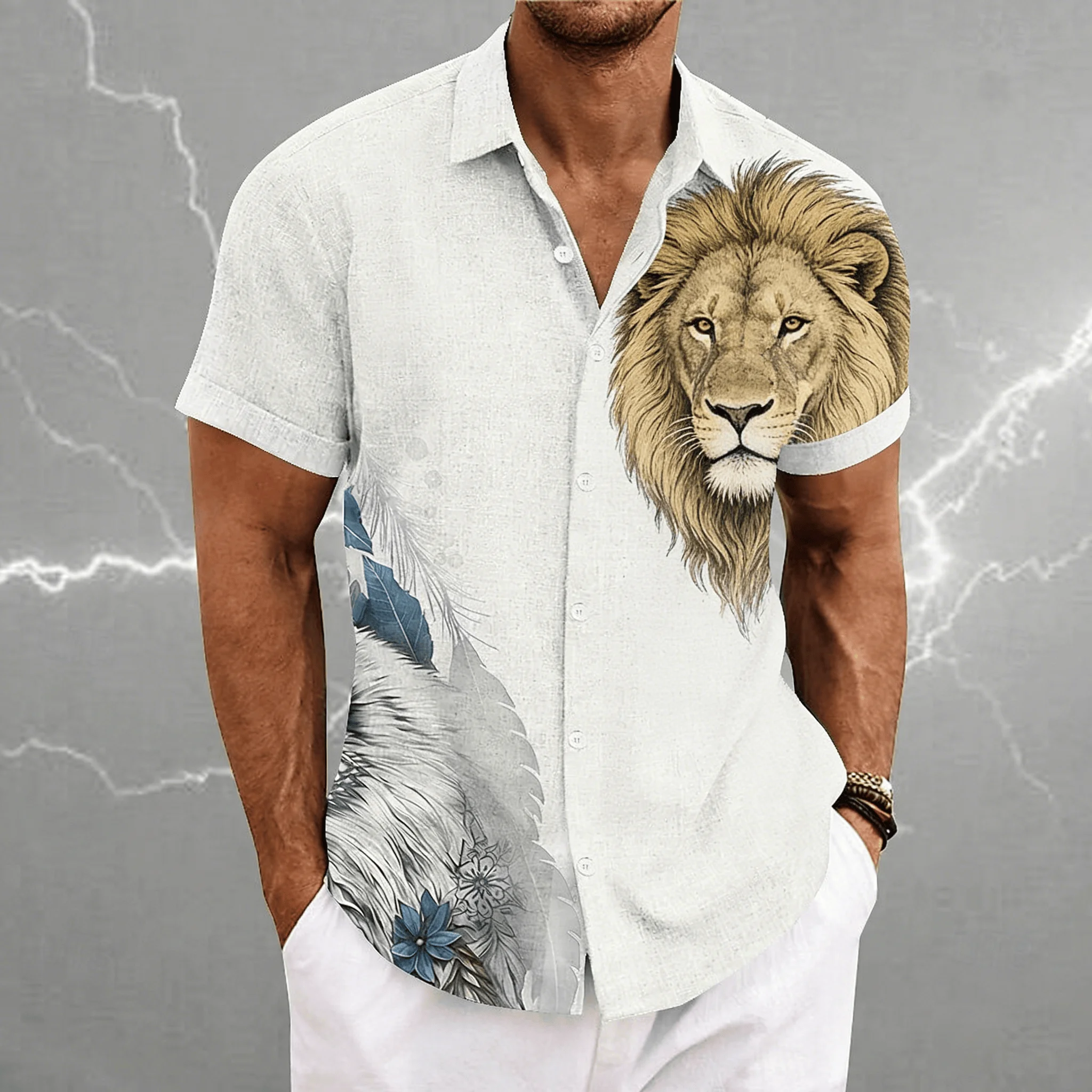 

Men's Asymmetric Lion Head Print Short Sleeve Shirt, Wild Animal and Floral Feather Design Button Down for Spring Summer Casual