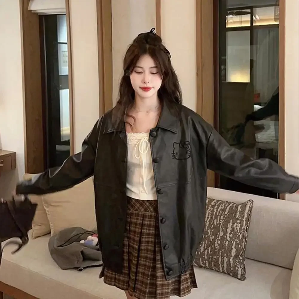 أنيمي مرحبا كيتي المرأة خمر المطرزة بولي Leather سترة جلدية Y2K الفتيات تنوعا معطف سترة فضفاضة دراجة نارية الملابس القمم