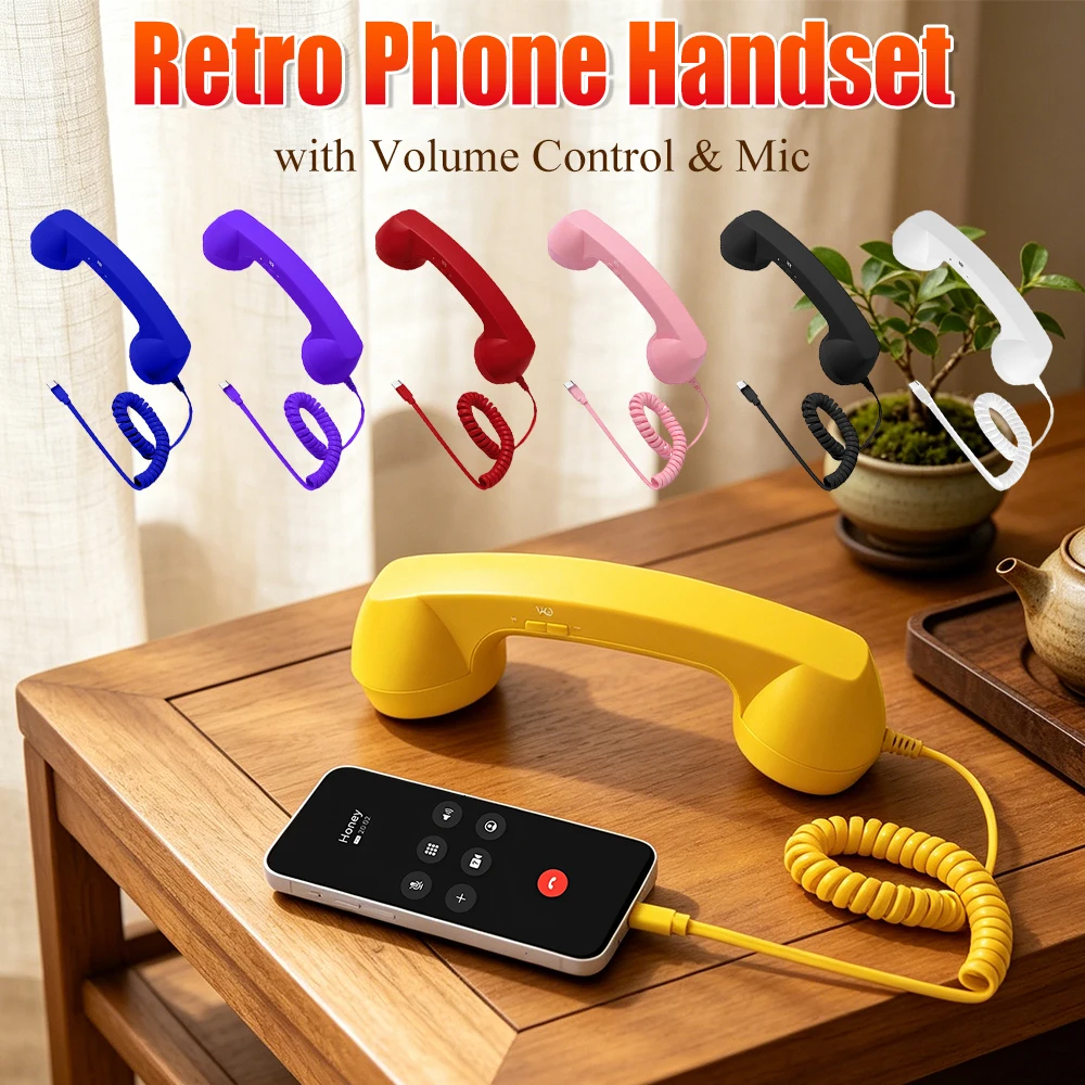 Classic Wired Phone Handset with Type-C Connector Wired Landline Handle Receiver for Cell Mobile Video Conferences Calls
