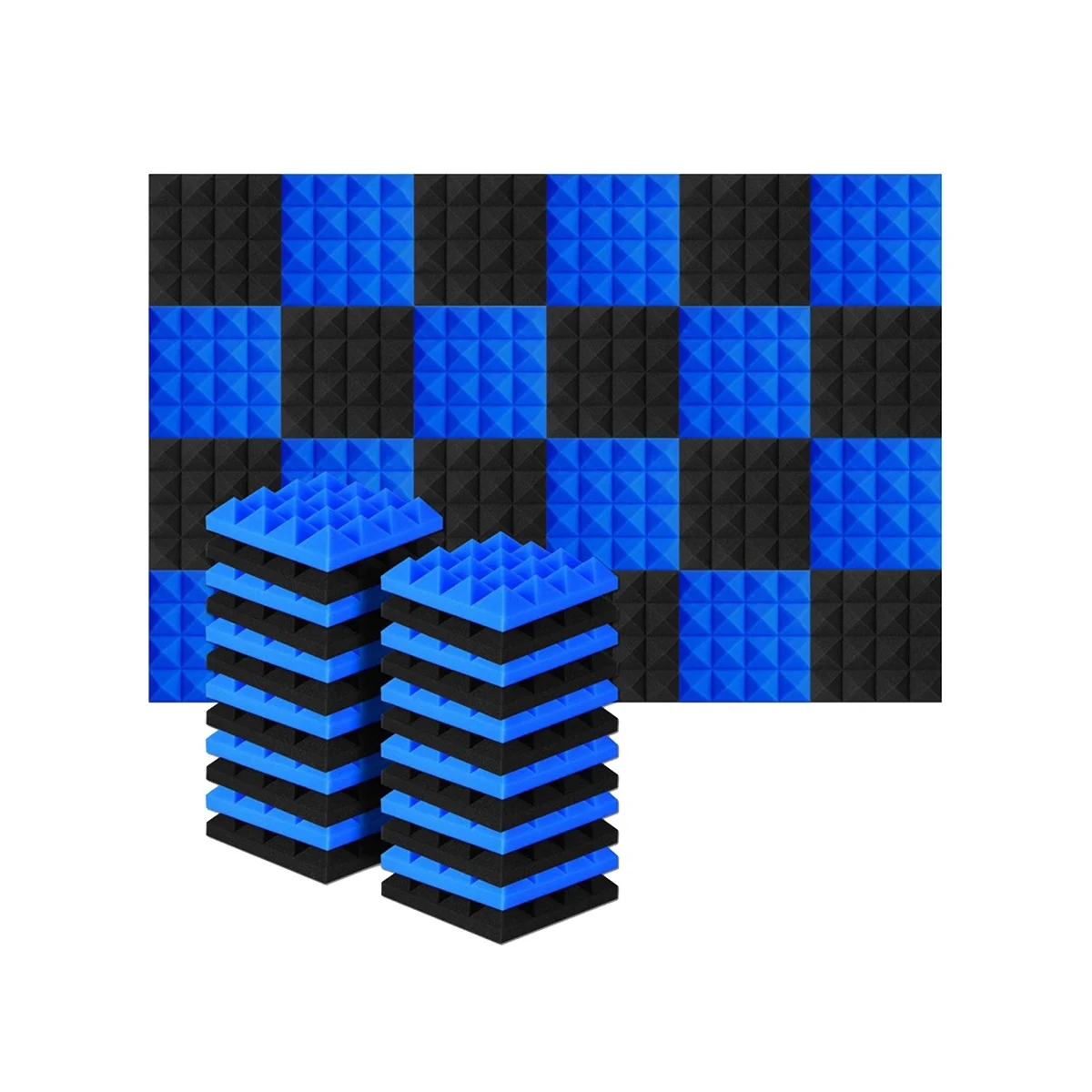 24Pcs 25X25X5Cm Studio Acoustic Soundproof Foam Pyramid Noise Insulation Sound Absorption Treatment Panels Black+Blue