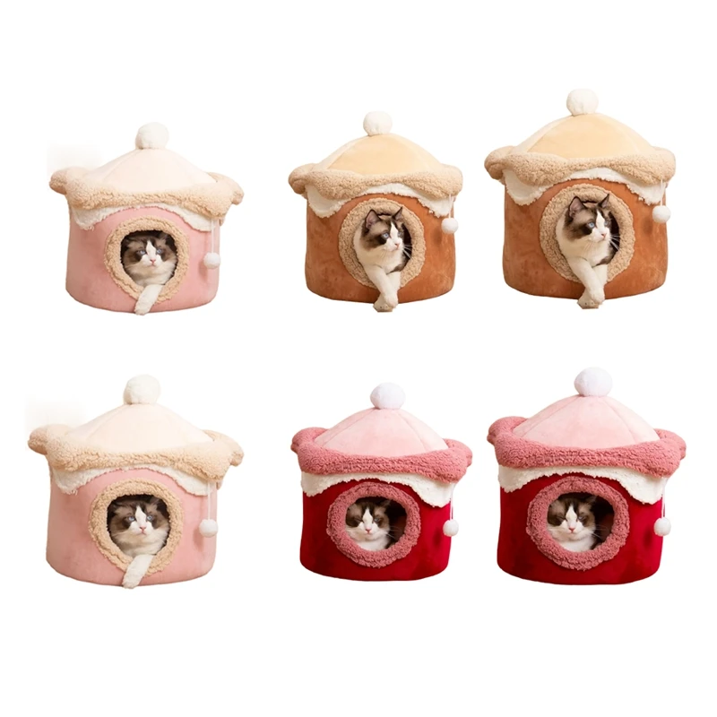 Cat Dog House Cave Warm Winter Deep Sleep Pet Nest Geometric Ice Cream House Fun Comfort Nest For Medium Pink 48X48cm Durable