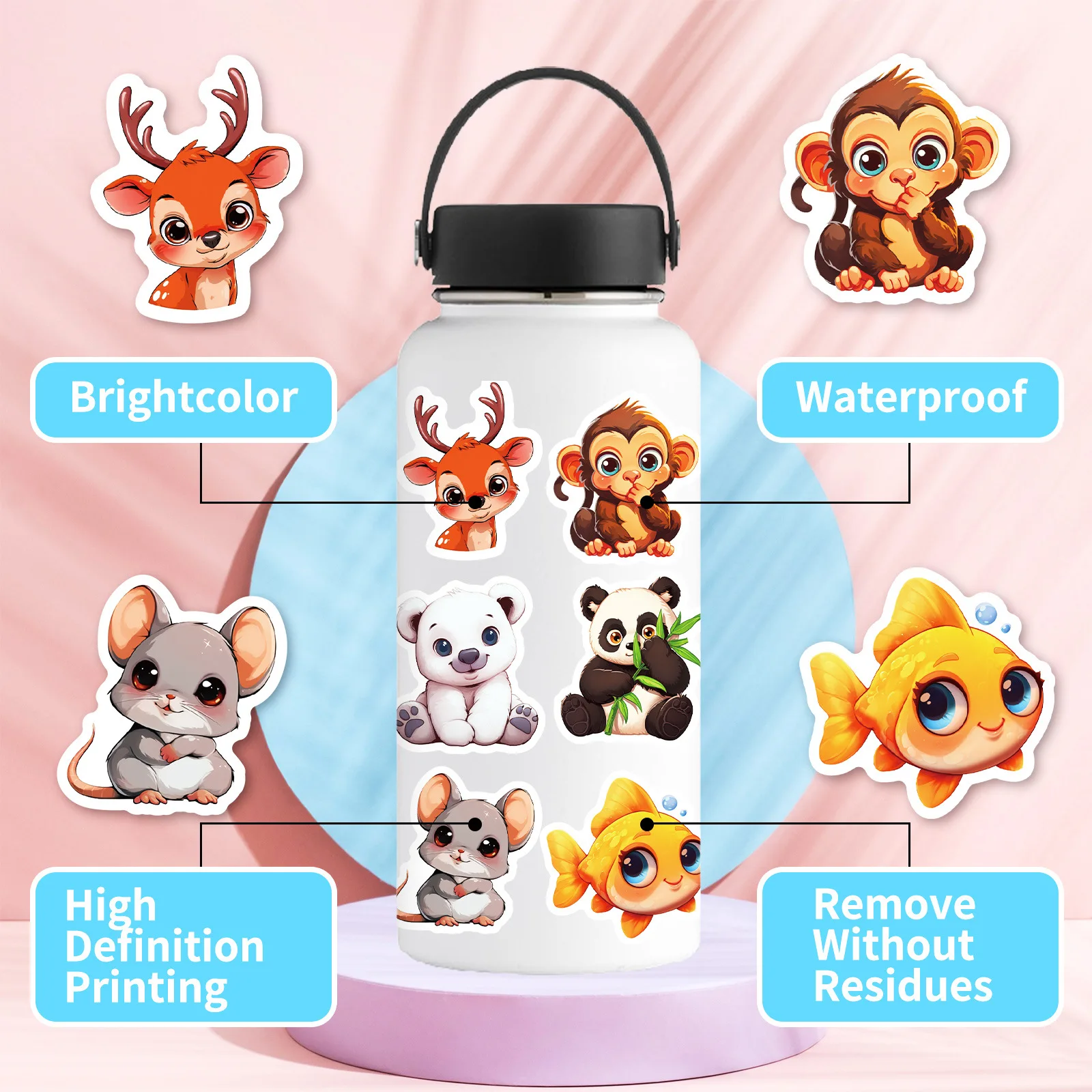 大きな目の動物のステッカー,50個,かわいい,防水,電話,ギター,ラップトップ,ノートブック,スーツケース,子供のおもちゃ,ギフト用