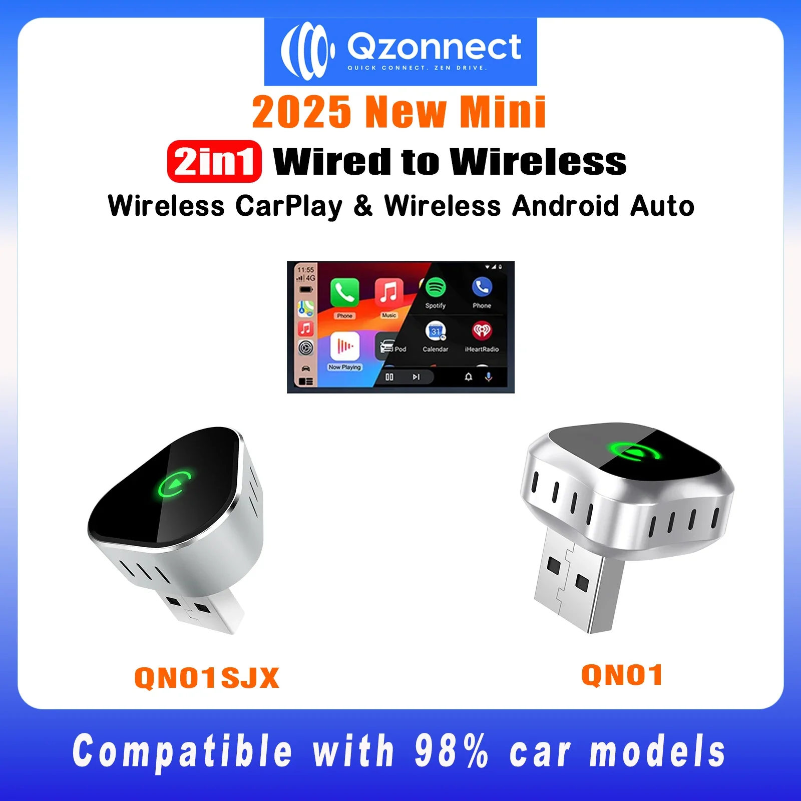 Qzonnect 2025 Compact Wireless CarPlay & Android Auto Adapter, 5.8GHz, Low Latency, Auto Connect, For Wired CarPlay Systems