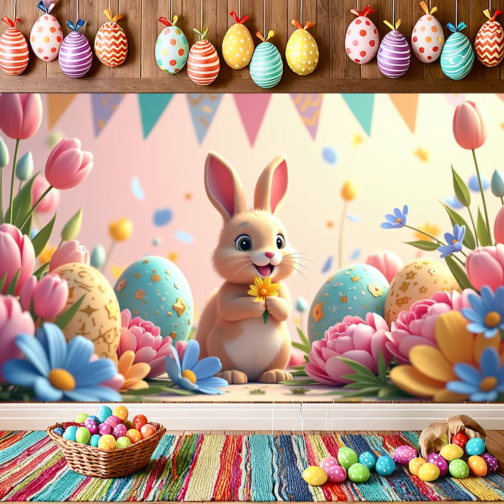 Easter Spring Backdrop for Kids Party Decorations with Cute Bunny and Floral Eggs Photography Colorful Banner Background