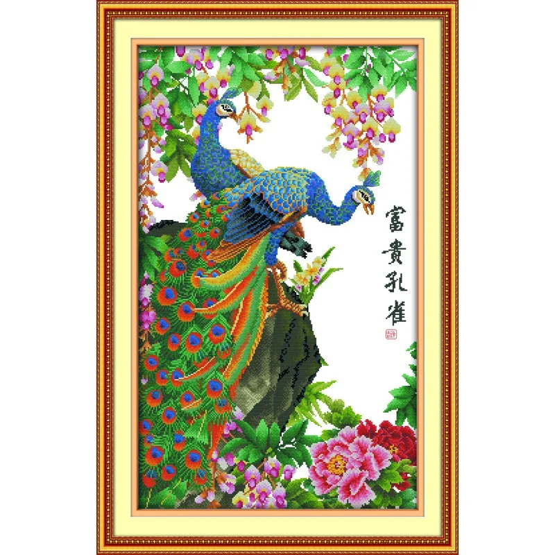 

Joy Sunday New Stamped Cross Stitch Ki,11CT/14CT/16CTDIY Easy Pattern Aida Fabric Embroidery Set-Wealth Peacocks