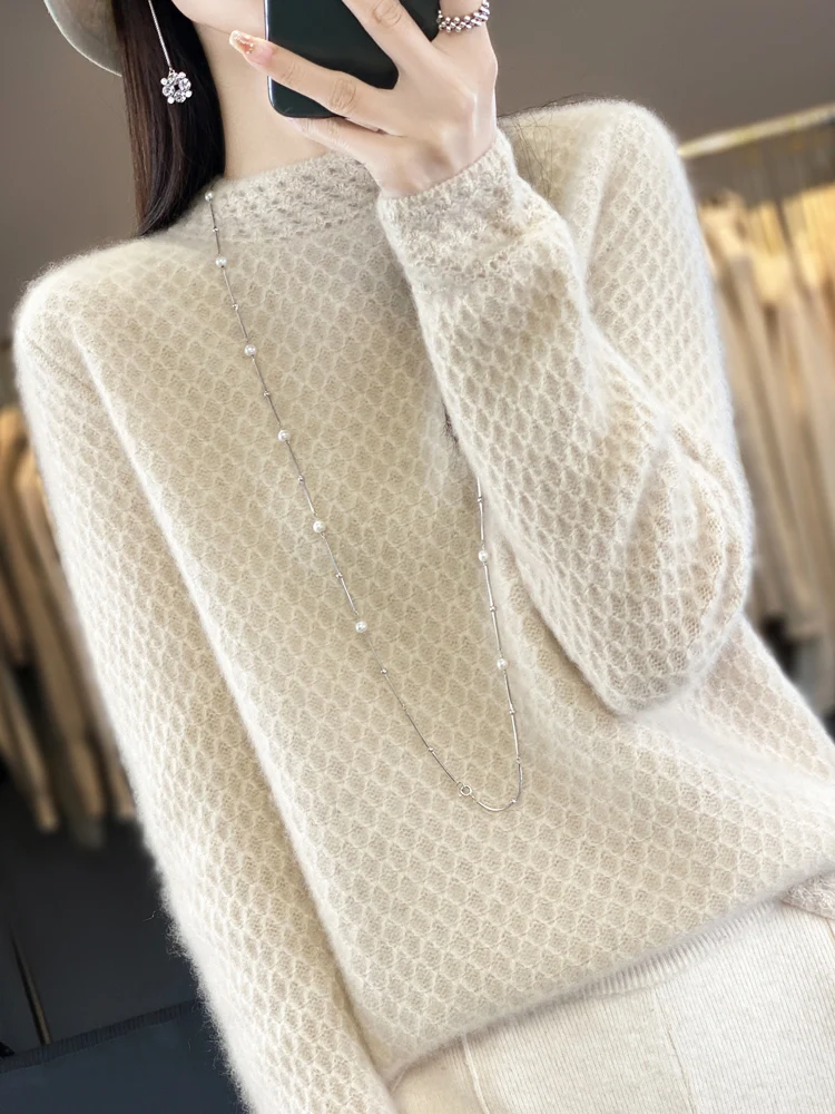 

Merino 100% Wool Women's Round Neck Knitted Sweater Spring Autumn Semi High Neck Cashmere Sweater