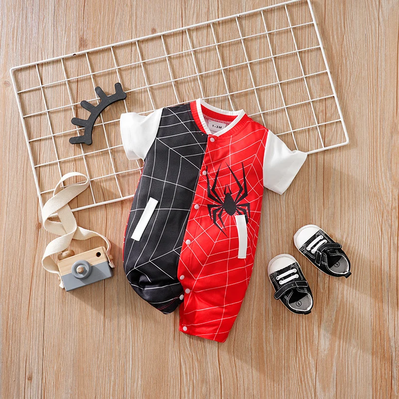 Baby Boy Cool Spider Pattern Jumpsuit Summer Short Sleeved Outdoor Outfit Newborn Red And Black Color Blocked Clothes