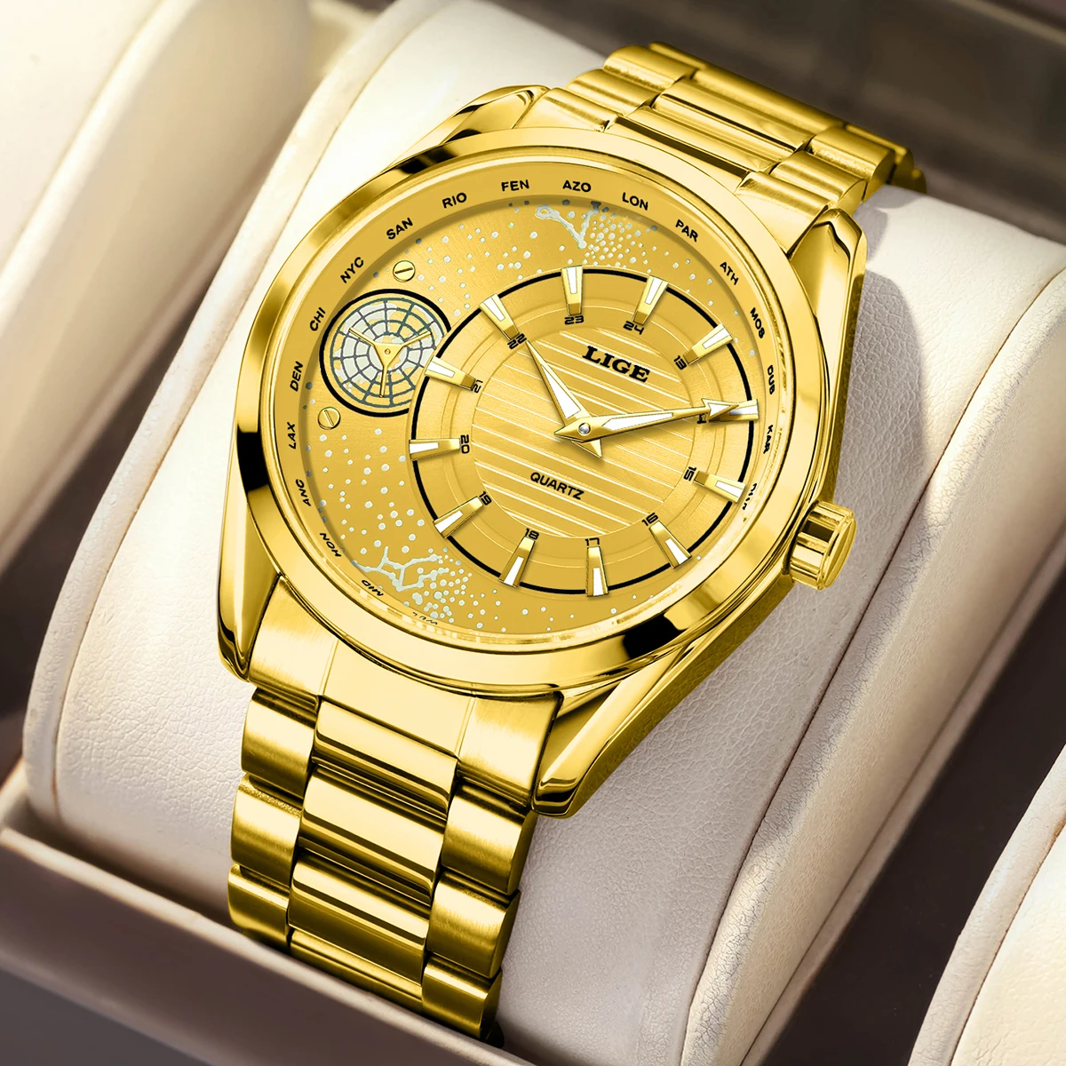 LIGE Creative Mens Watches Stainless Steel Golden Quartz Wristwatch for Man Luminous Waterproof Male Clock Relogio Masculino+Box
