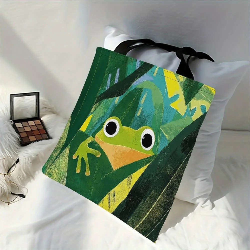 Cute Cartoon Frog Print Handbag Green Frogs Large Capacity Tote Bag houlder Bag for Outdoor Picnics Shopping Holiday Events Gift