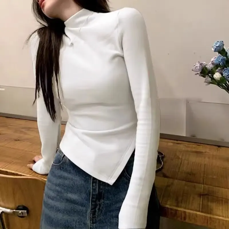 German flannel semi high neck undershirt women's autumn/winter 2026 new front shoulder spicy girl gray slim fit top