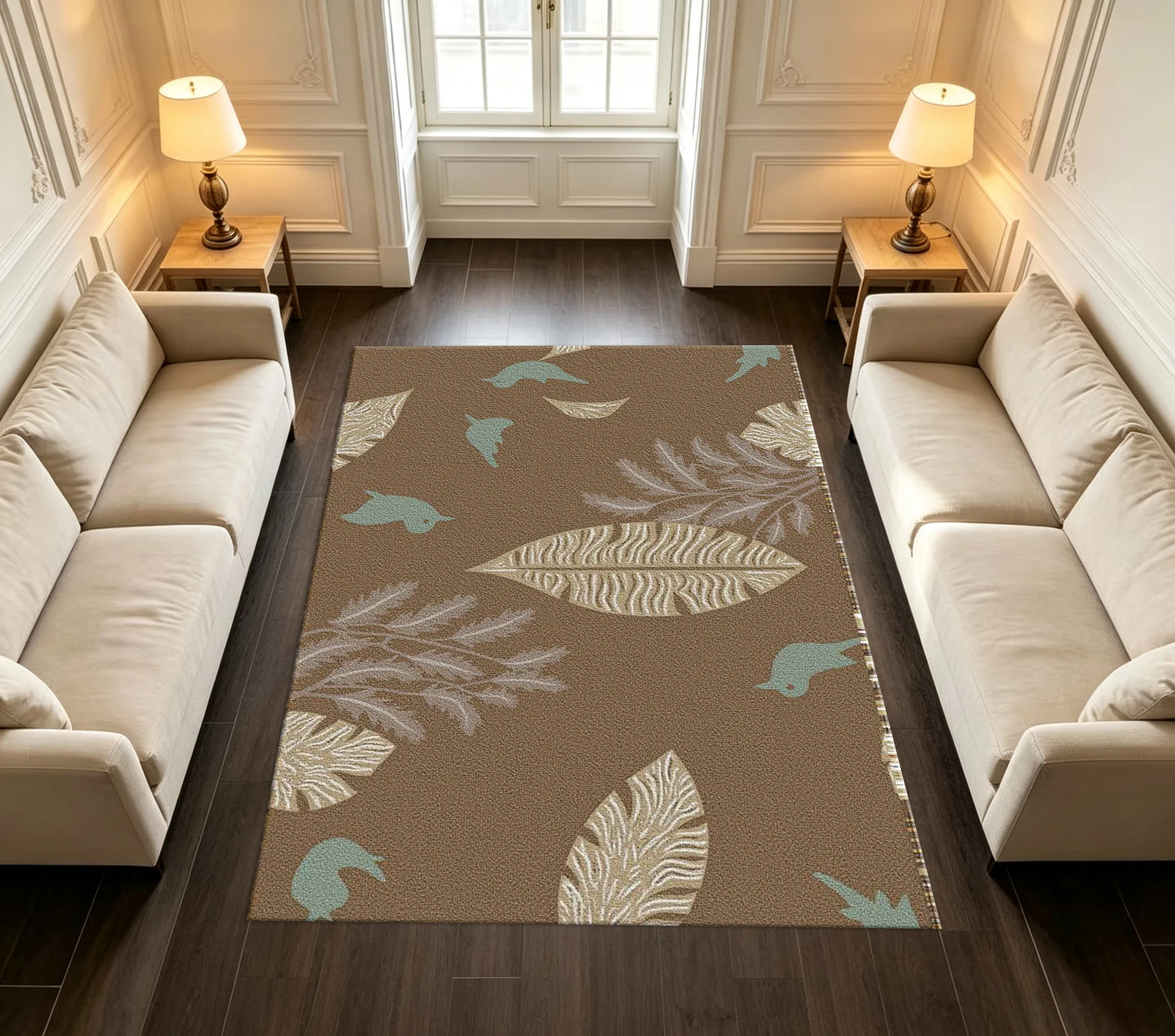 Brown Background Tropical Leaves and Bird Print Area Rug Nature Style Home Floor Mat