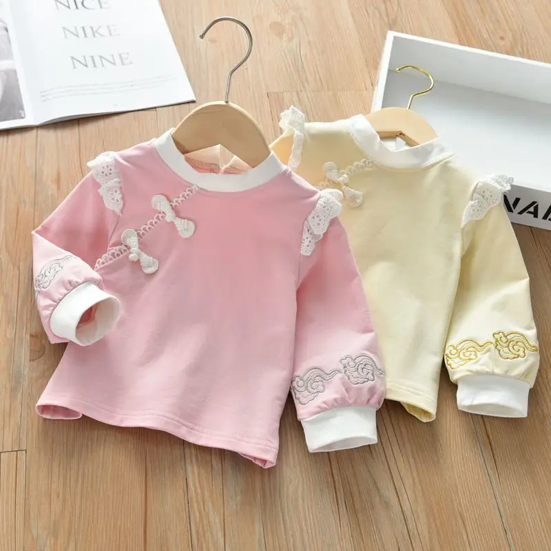 Korean Children's Clothing, Girls' Ruffled Shirt, Long Sleeved Spring Outfit, New Stylish and Versatile Pure Cotton Lace Top