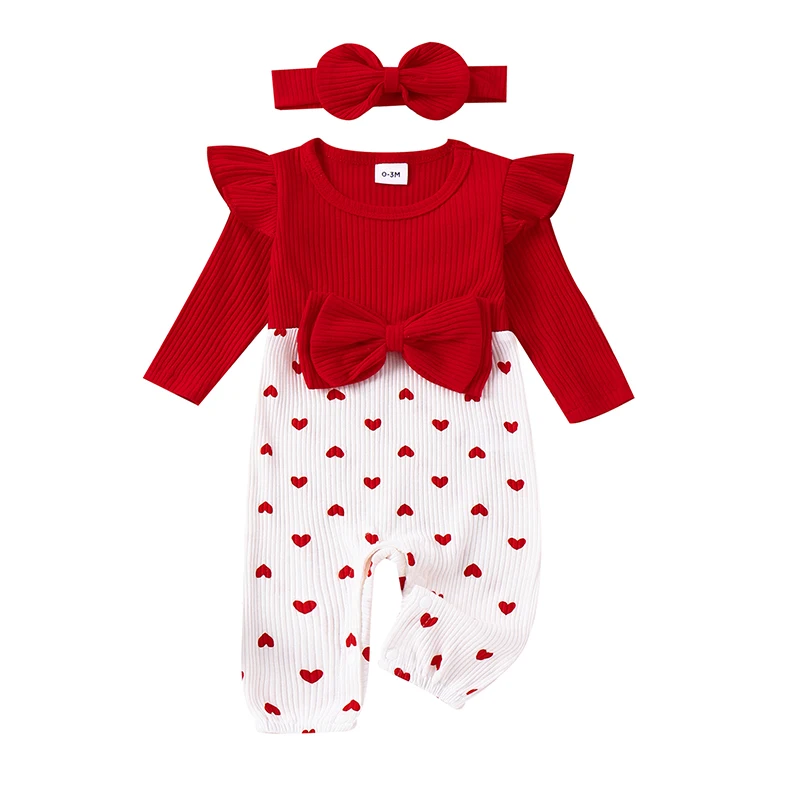 

Baby Girls Rompers Valentine s Day Clothes Heart Print Rib Knit Long Sleeve Toddler Jumpsuits Bodysuits with Headband