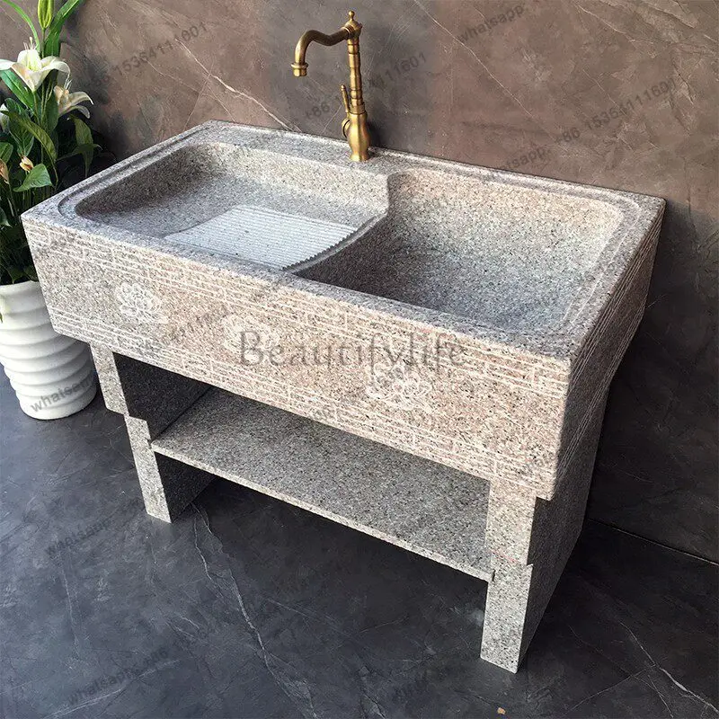 Balcony Marble Laundry Sink with Washboard Household Whole Stone Laundry Sink Granite