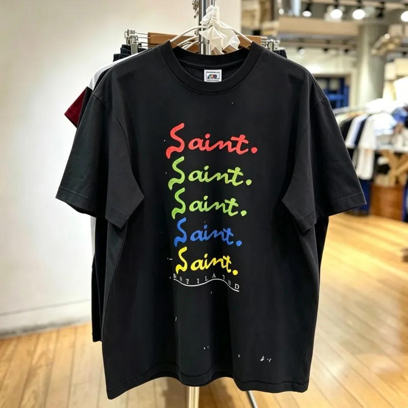 Summer Saint Tshirts Vintage Distressed Washed Black Splashing Ink Crack Colored Letter Logo Round Neck Short Sleeve Men Women