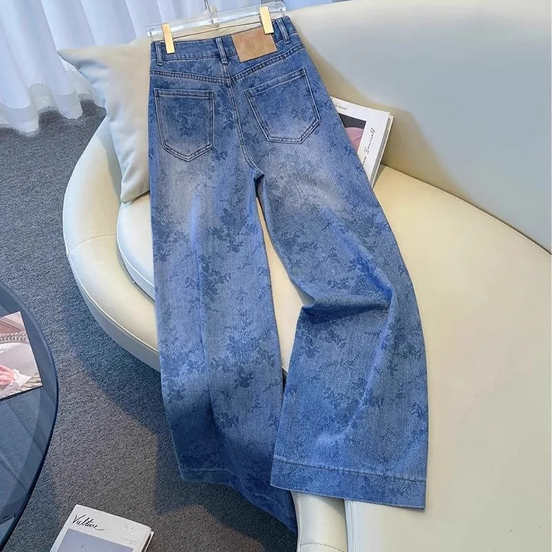 

Широкие джинсы, женские брюки с принтом, эластичные винтажные прямые брюки с высокой талией, женские джинсы длиной до пола, уличная одежда