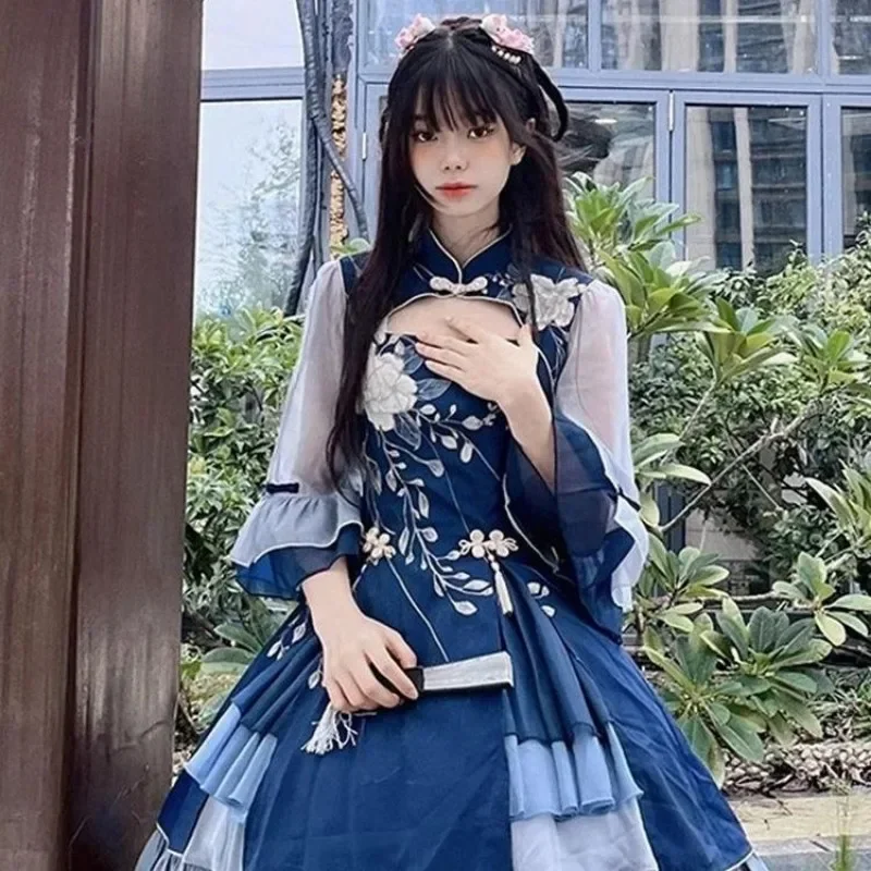 Chinese Style Blue Stand Collar Hollow Flower Patchwork Mid Sleeve Lolita Princess Dress Women Elegant Prom Party Evening Dress