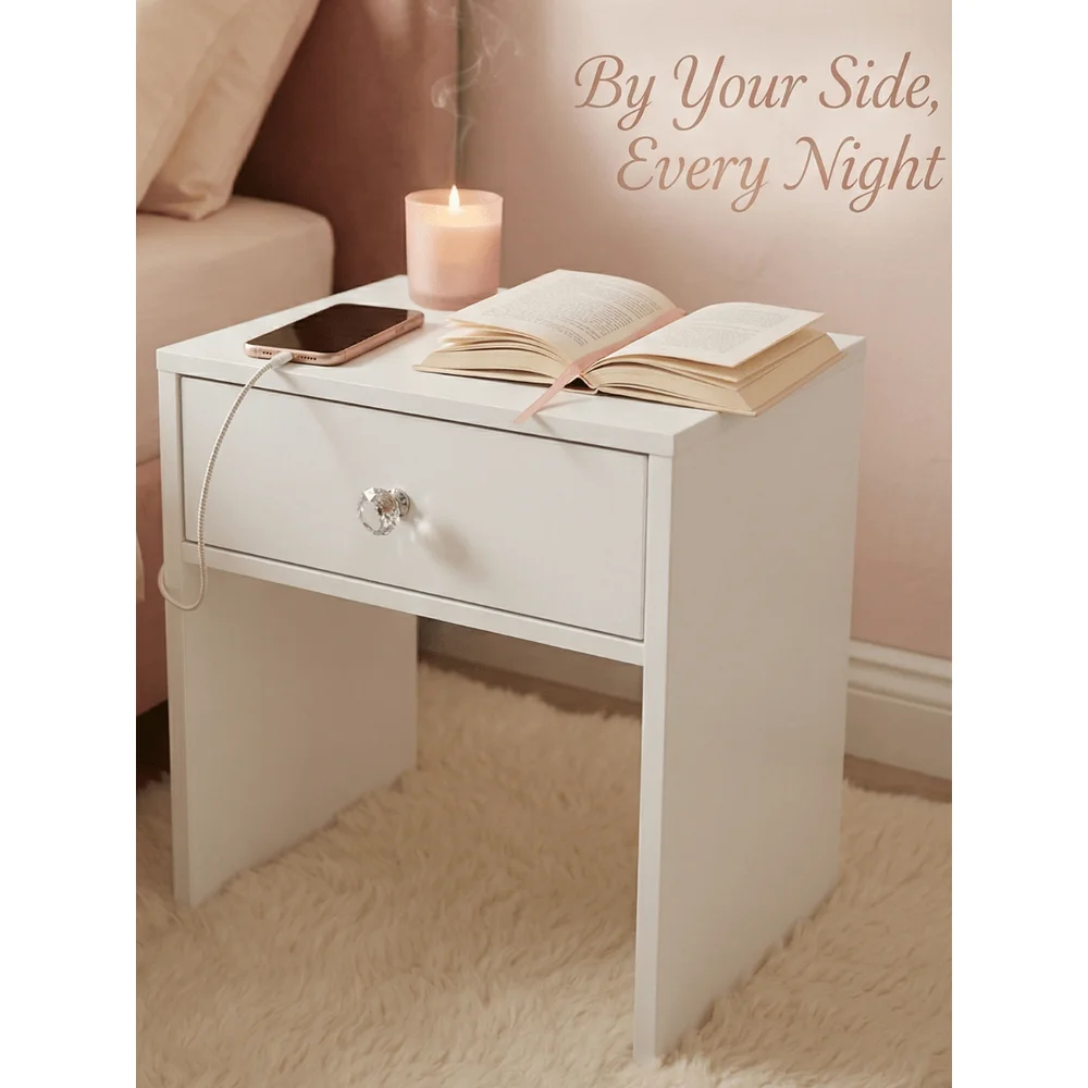 

White Side Table With Crystal Style Knob, Petit Nightstand For Bedroom Living Room, Versatile Storage Cabinet, SpaceSaving Furn