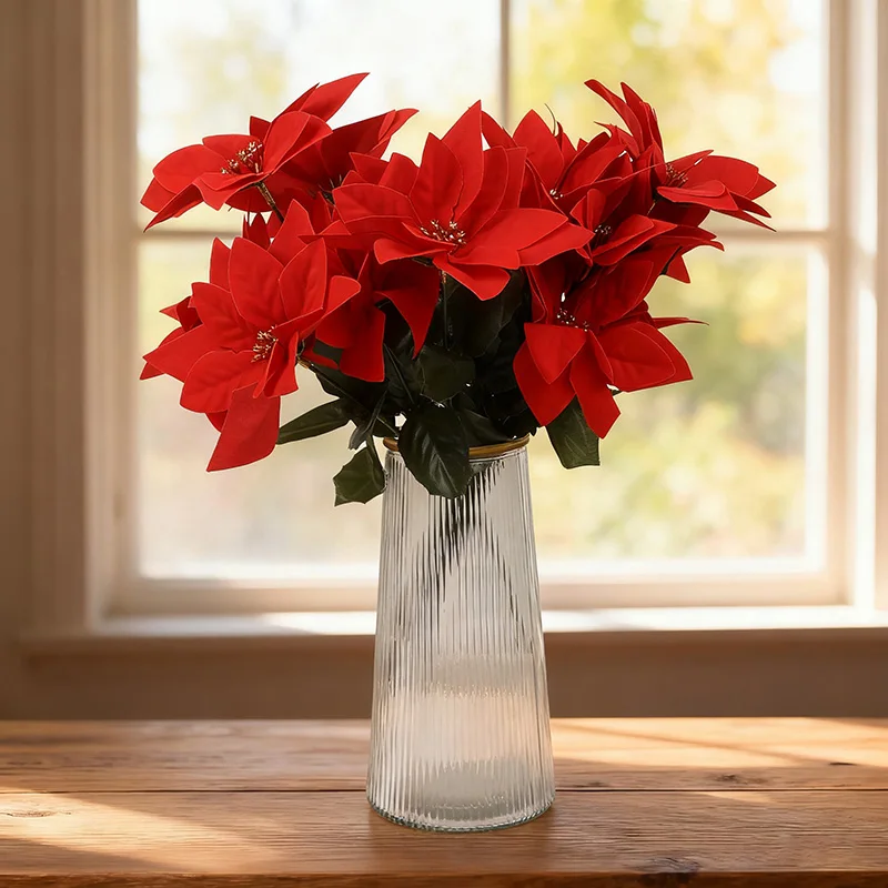 35 سنتيمتر عيد الميلاد شجيرات البونسيتة الاصطناعية فو 7 رؤساء الأبيض الأحمر الحرير الاصطناعي زهرة عيد الميلاد باقة حفل زفاف ديكور #1