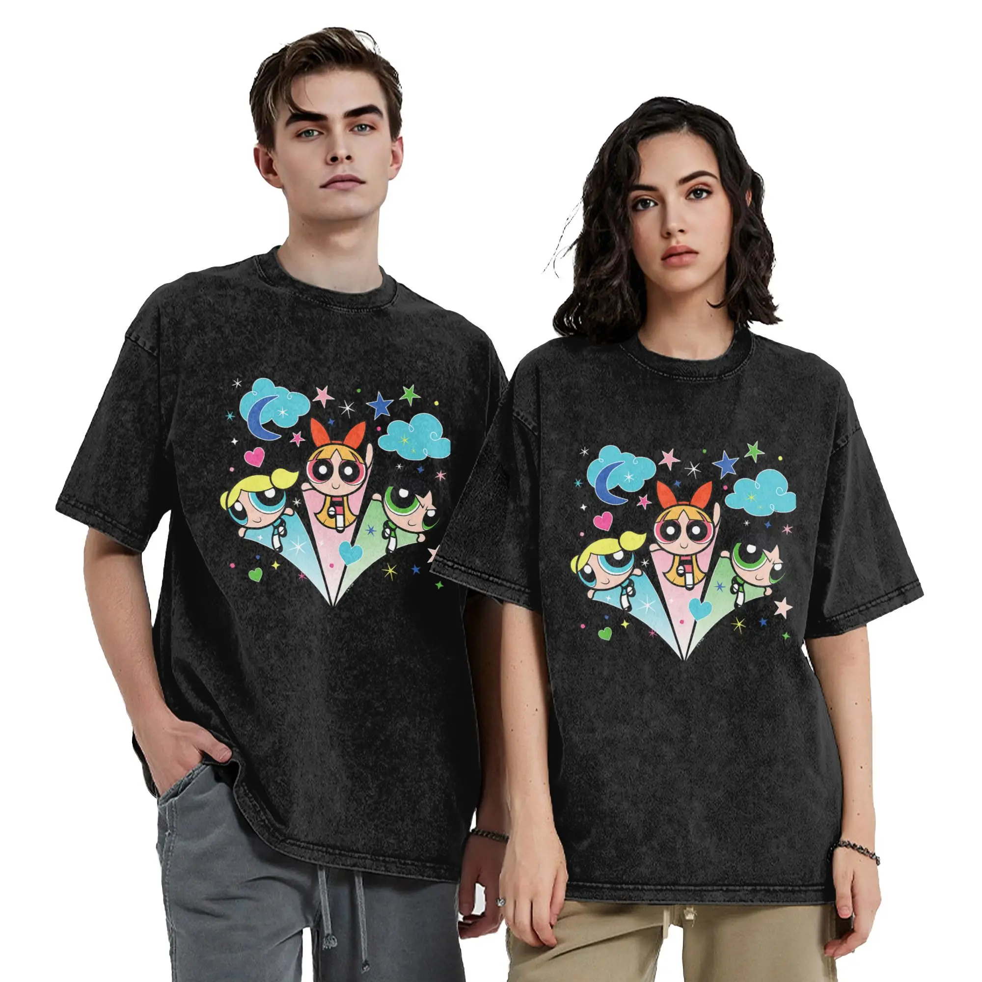 P-PowerPuffs Cartoon Three Girls T Shirts Washed 100% Cotton Oversize T-Shirts Men Women Tops Streetwear Summer Tee Shirt