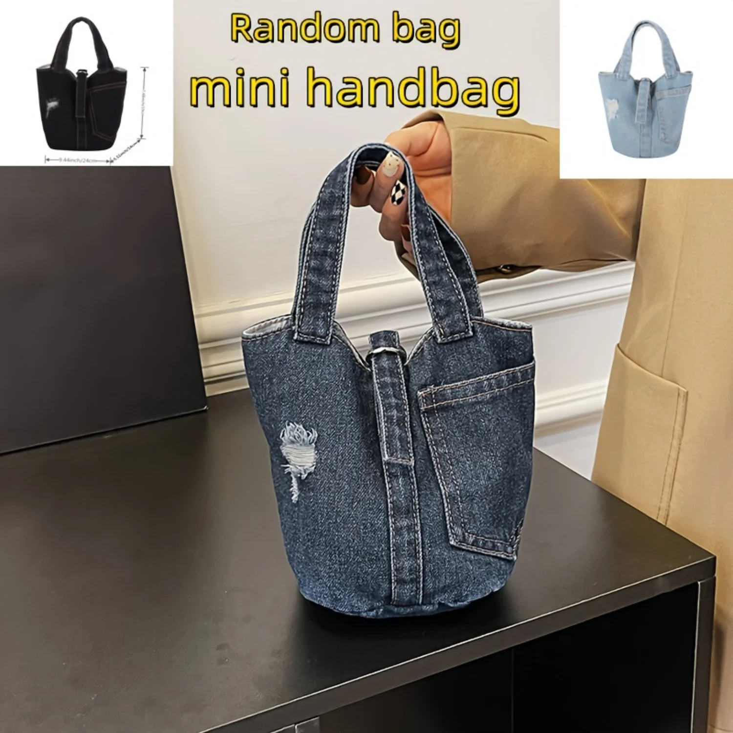 Retro Denim Mini Handbag: Casual Jean Bucket Tote for Everyday Commutes, Small Purse