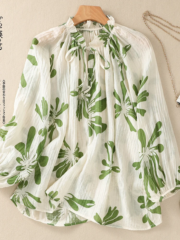 

Sun Protection Flax irt Women's Artistic Print Texture Lightweight Belted Lace Collar Cotton Linen Top Summer 2023