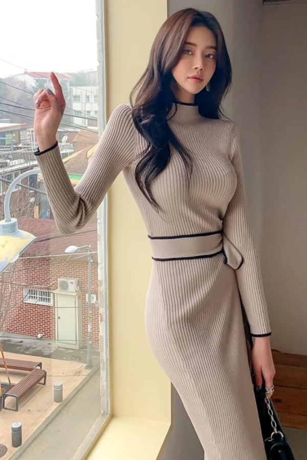 

Винтажное элегантное эластичное трикотажное платье с короткими рукавами, французское модное повседневное платье, базовые осенне-зимние платья-свитера CQ228