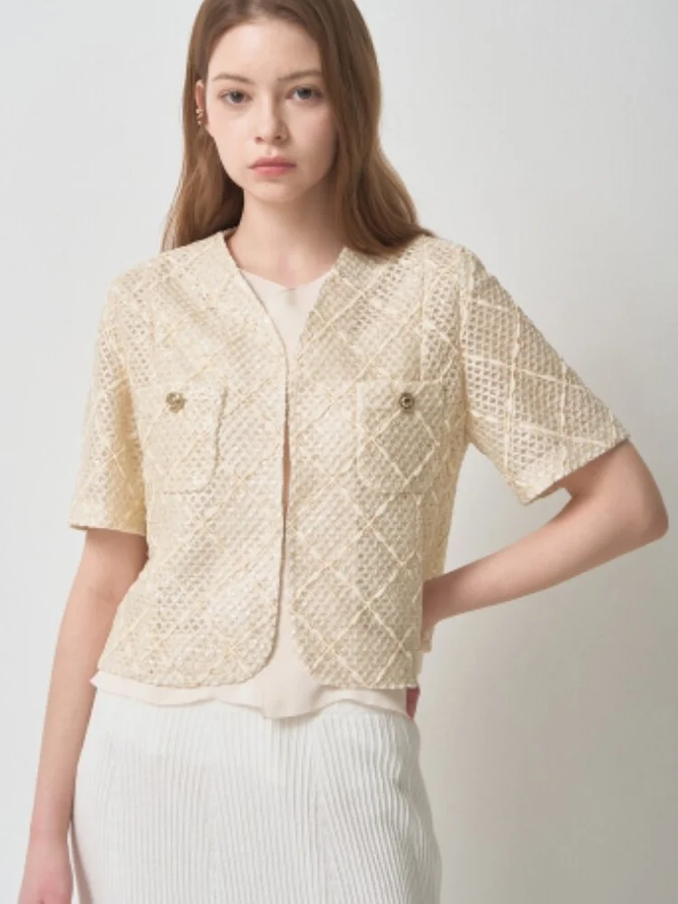 

Elegant Fashionable Light Luxury Glitter Plaid Open Cardigan Short Outerwear Korean Style Standard Fit Polyester Fiber Ladies...