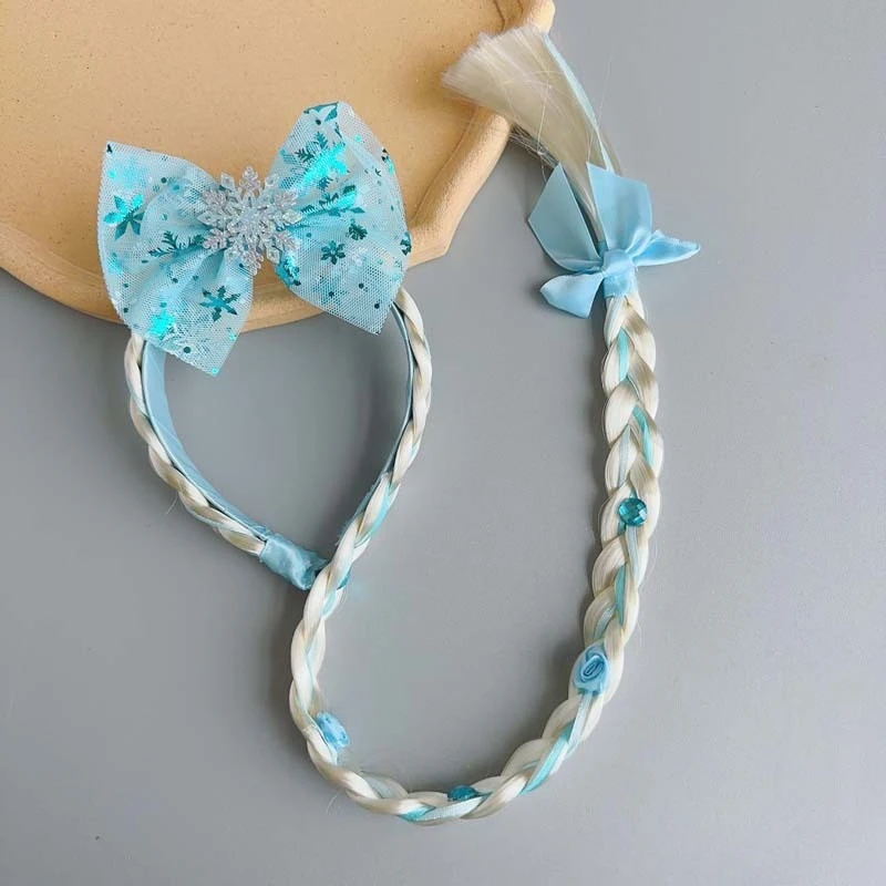 

Повязка на голову с бантом и длинным плетеным париком для девочек-принцесс, милый парик для сценических выступлений, парик-косплей «Лед и снег», повязки на голову