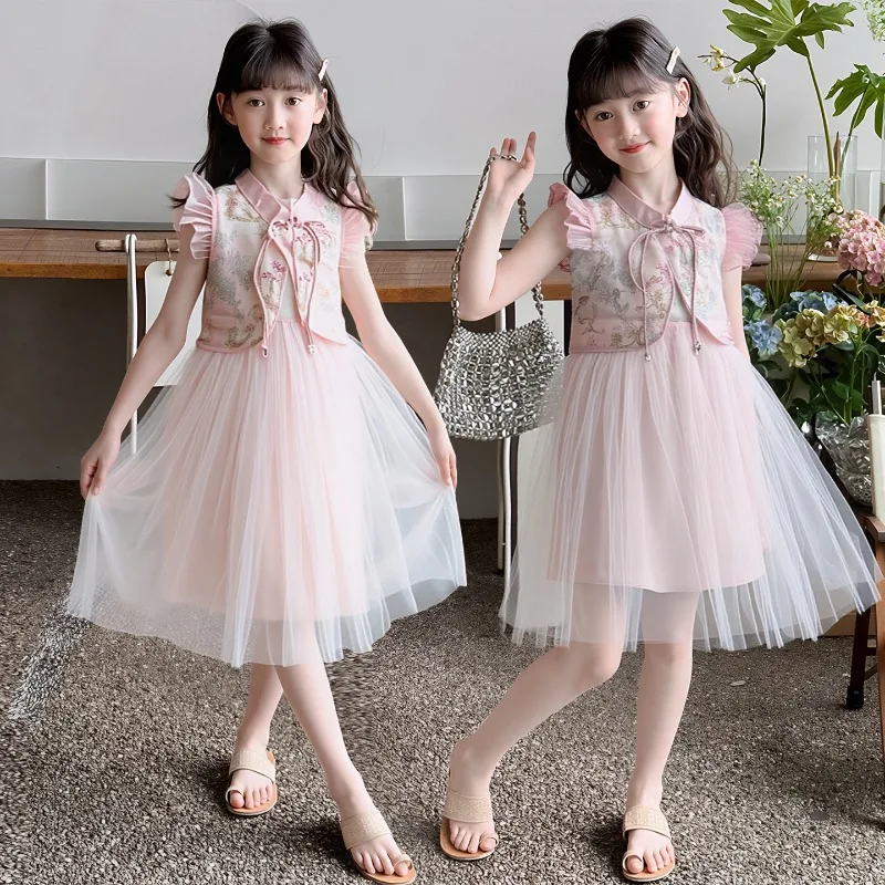 Baby Girls Dress Kids Collar Dresses Foreign Style Chinese Gauze Dresses Sweet Children Princess Fashion Dress 2025 Summer New