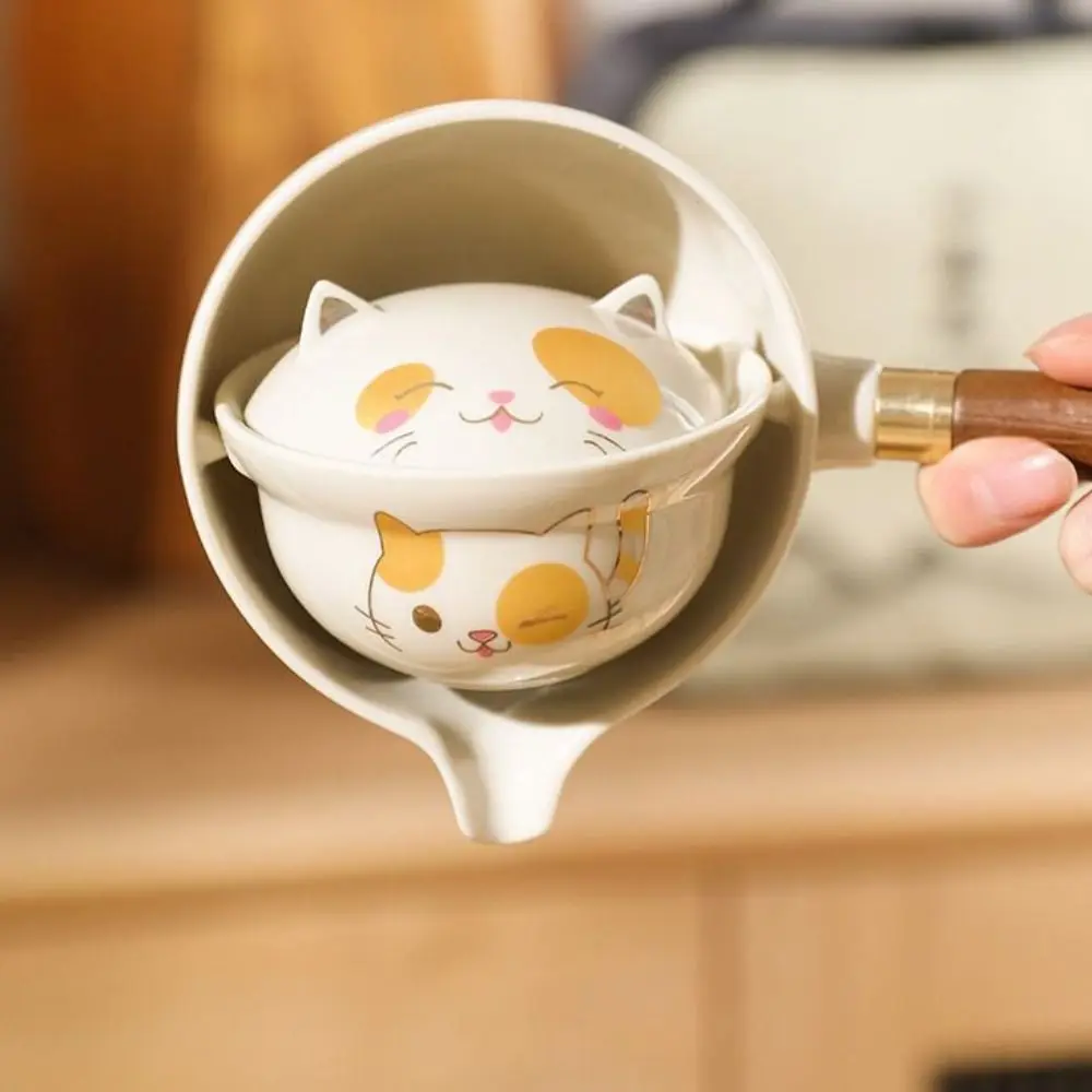 5/7pcs 360° Rotating Lucky Cat Teapot Set Japanese Style Ceramic Kung Fu Tea Pot Set with Bag and Tea Tray Bubble Tea Set Travel