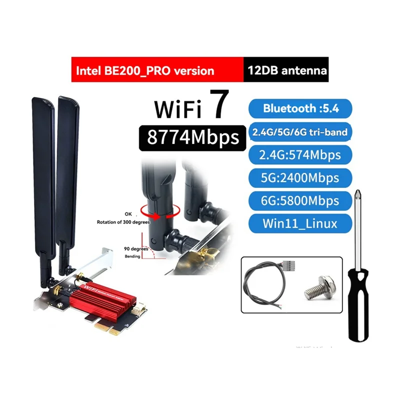 

AT93-Desktop Wireless Network Adapter For Win10/11 BE200 Wifi 7 PCI-E Adapter Card Tri Band 2.4G/5G/6Ghz 8874Mbps BT5.4