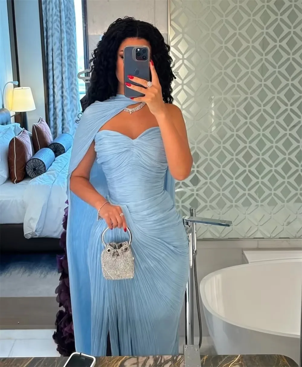 Women Sweetheart Neck Pleated Long Evening Dresses Cape Sleeve Split Floor Length Formal Gown For Wedding Guest Party Banquet