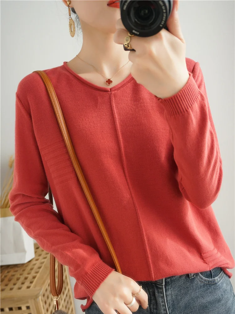 

Женский длинный вязаный свитер свека, свободный крой, пуловер с v-образным вырезом, хлопковая пряжа, простой дизайн, весенняя модная повседневная одежда