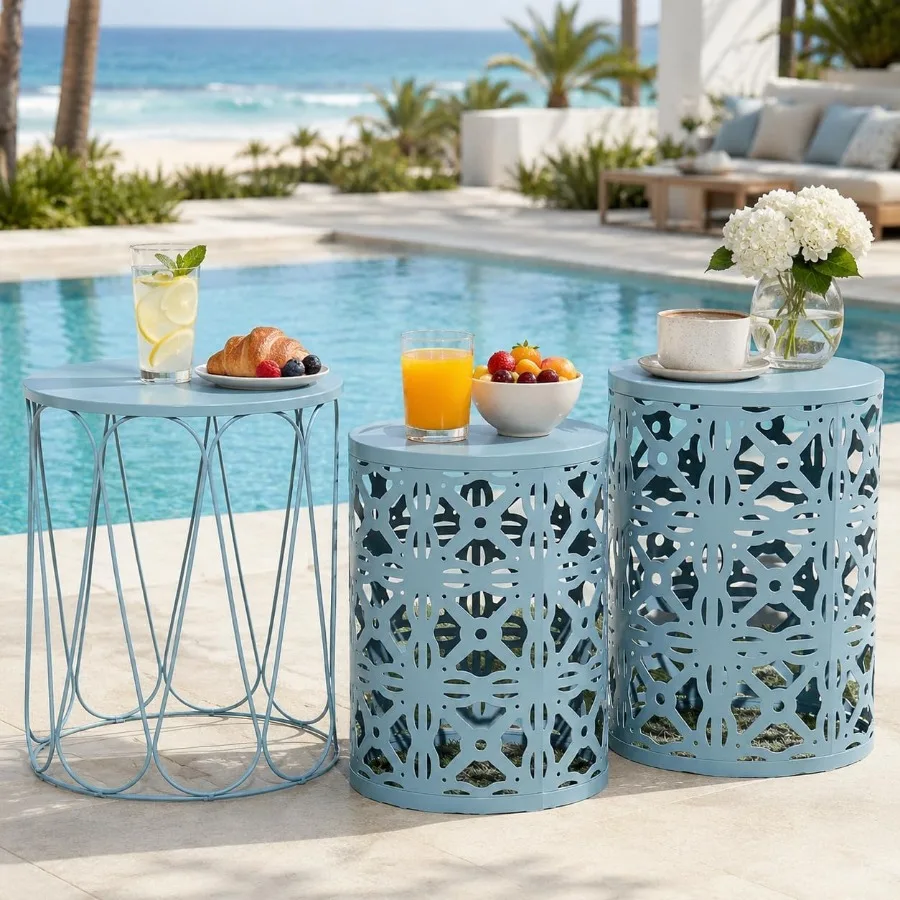 Outdoor Side Tables, Round Metal Stacking Patio Side Tables, Indoor and Outdoor End Tables, Decorative Garden Stool Plant Stand