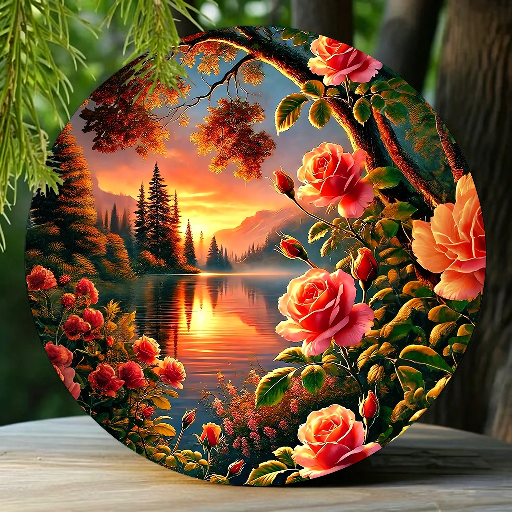 JIT 1-pc Orange sunset mountain red rose landscape print round metal tin sign wall decor, lightweight & smooth surface, this artistic metal tin sign fits bedroom, entryway and garden for multi-space wall decoration, ideal decorative gift for home lovers view 5