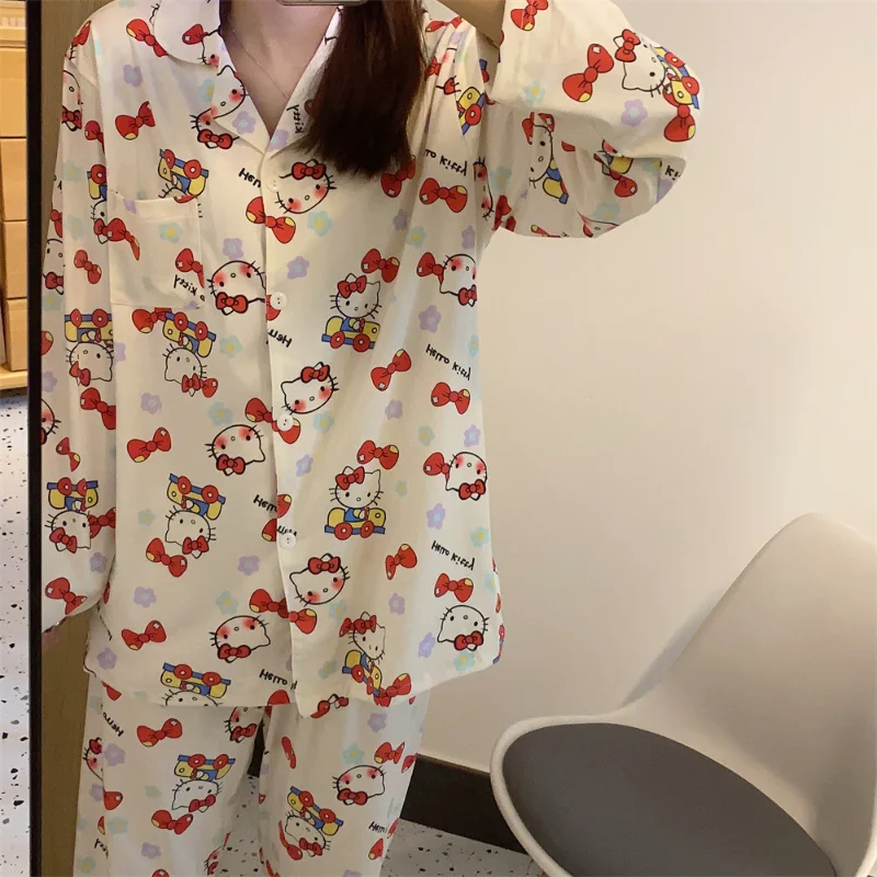 Sanrio HelloKitty cartoon print spring and autumn girls long-sleeved pajamas new cute casual can be worn outside loungewear suit