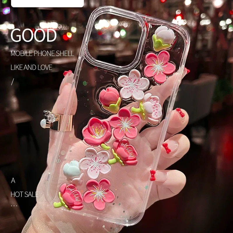 Transparent Peach Blossom Suitable For iPhone 15 Case 14 13 12 Pro Max 11 Anti Drop Transparent Protective Cover