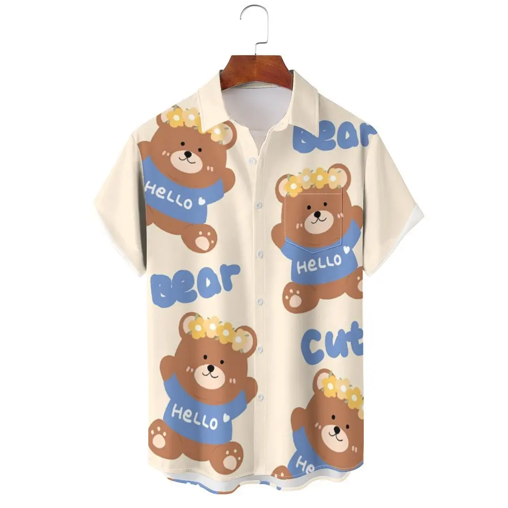 

Hawaiian Oversized Men's Shirt Cartoon Bear Pattern Floral Print Social Men Graffiti Clothing Vintage Harajuku New Summer