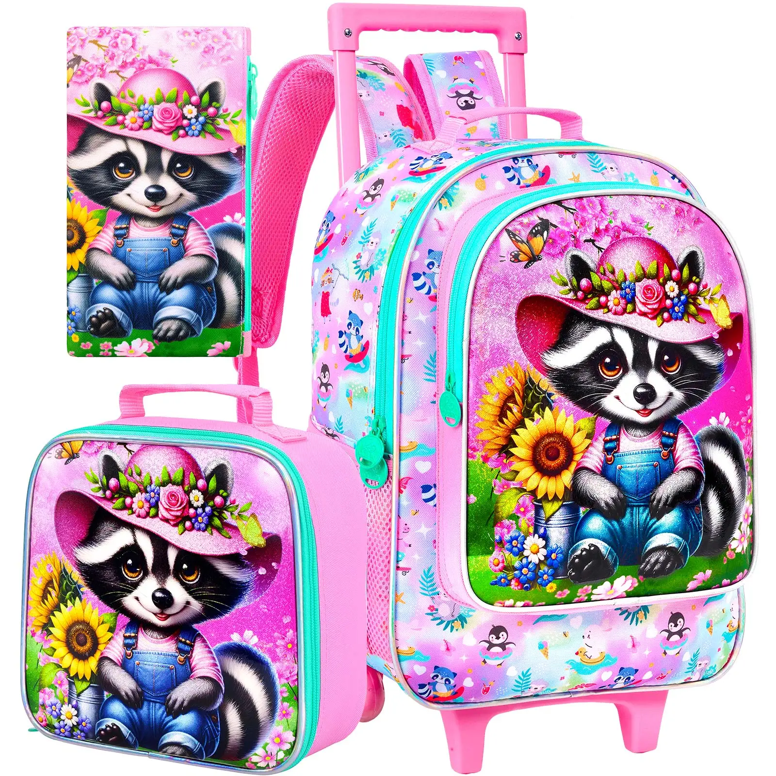 

3PCS Kids Rolling Backpack, Girls Roller Wheels Bookbag, Wheeled Elementary School Bag with Lunch Bag - Raccoon